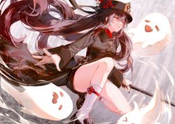 Rule 34 | 1girl, artist name, black footwear, black nails, brown coat, brown hair, coat, coattails, flower, from side, genshin impact, ghost, hat, hat flower, holding, holding polearm, holding weapon, hu tao (genshin impact), jewelry, kei (keiuu), kneehighs, long hair, looking ahead, nail polish, on one knee, outstretched hand, plum blossoms, polearm, porkpie hat, red eyes, ring, shoes, sidelocks, signature, smile, socks, solo, twintails, very long hair, weapon, white socks