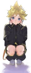 Rule 34 | 1boy, blonde hair, head rest, headphones, kagamine len, looking at viewer, male focus, naoko (naonocoto), sailor collar, shadow, shoes, short hair, shorts, simple background, sleeves past wrists, solo, squatting, vocaloid, white background