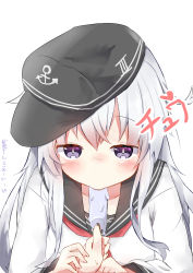 Rule 34 | 1girl, anchor, bad id, bad pixiv id, blush, dated, dreamusun, dress, eating, fellatio, food, food in mouth, hair between eyes, hat, hibiki (kancolle), highres, ice cream, kantai collection, long hair, long sleeves, looking at viewer, neckerchief, oral, peaked cap, popsicle, popsicle in mouth, purple eyes, sailor collar, sailor dress, sailor hat, school uniform, serafuku, silver hair, simple background, simulated fellatio, solo, solo focus, translation request, white background