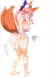 Rule 34 | 10s, 1girl, \m/, absurdres, animal ears, apron, ass, ass grab, bare legs, barefoot, blush, bow, breasts, circle name, covered erect nipples, fate/extra, fate (series), feet, fox ears, fox tail, hair bow, highres, kojima saya, large breasts, long hair, looking at viewer, naked apron, non-web source, open mouth, pink hair, scan, sideboob, simple background, smile, solo, tail, tamamo (fate), tamamo no mae (fate/extra), toes, twintails, white background, wrist cuffs, yellow eyes