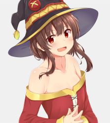 Rule 34 | 1girl, :d, bare shoulders, blush, brown hair, collarbone, commentary request, dou-t, dress, hat, highres, kono subarashii sekai ni shukufuku wo!, looking at viewer, megumin, off-shoulder dress, off shoulder, open mouth, red dress, red eyes, short hair, sidelocks, simple background, smile, solo, white background, witch hat