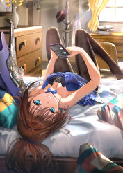 Rule 34 | 1girl, absurdres, aozaki aoko, blue dress, blue eyes, blue footwear, blue skirt, breasts, brown hair, dress, fate/grand order, fate (series), full body, gloves, guitar, hair intakes, highres, holding, holding phone, instrument, large breasts, long hair, looking at viewer, lying, mahou tsukai no yoru, mosta (lo1777789), night, no shoes, on back, on bed, pantyhose, phone, ponytail, ribbon, skirt, solo, strapless, strapless dress, upside-down
