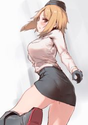 Rule 34 | 1girl, absurdres, akitaka takaaki, black gloves, blonde hair, blush, breasts, clothes lift, dutch angle, from behind, from below, garrison cap, girls&#039; frontline, gloves, hat, highres, large breasts, looking at viewer, mp40 (girls&#039; frontline), pantylines, short hair, sketch, skirt, skirt lift, solo, standing, standing on one leg, thighs, white background, yellow eyes