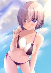 Rule 34 | 1girl, alternate costume, bare arms, bare shoulders, bikini, black bikini, blue sky, blush, breasts, cleavage, closed mouth, cloud, collarbone, commentary request, day, fate/grand order, fate (series), gluteal fold, hair over one eye, hand up, highres, ko yu, large breasts, leaning forward, lifting own clothes, looking at viewer, mash kyrielight, navel, outdoors, purple eyes, purple hair, side-tie bikini bottom, sky, smile, solo, strap lift, swimsuit