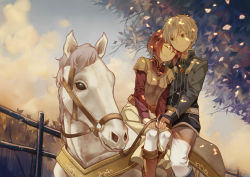 Rule 34 | 1boy, 1girl, ^ ^, absurdres, akagami no shirayukihime, animal, belt, boots, brooch, cheese kang, closed eyes, closed mouth, cloud, dappled sunlight, fence, grey eyes, hair between eyes, hetero, highres, holding, horse, horseback riding, jewelry, knee boots, leaning on person, leaning to the side, long sleeves, looking at another, md5 mismatch, multiple riders, pants, plant, red hair, riding, shirayuki (akagami no shirayukihime), short hair, sidesaddle, silver hair, sky, smile, sunlight, tree, tree shade, white pants, zen wistalia