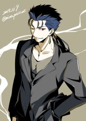 Rule 34 | 1boy, ;), blazer, blue hair, collarbone, cu chulainn (fate), dated, earrings, fate/stay night, fate (series), grey background, grey shirt, hair ornament, hand in pocket, jacket, jewelry, cu chulainn (fate/stay night), long hair, looking at viewer, male focus, nina (pastime), one eye closed, ponytail, red eyes, shirt, smile, solo, twitter username