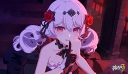 Rule 34 | 1girl, bare arms, bare shoulders, black dress, black gloves, breasts, chinese commentary, dress, finger to mouth, flower, gloves, hair flower, hair ornament, highres, honkai (series), honkai impact 3rd, logo, long hair, looking at viewer, official art, official wallpaper, parted lips, red eyes, red flower, red rose, rose, shushing, small breasts, solo, theresa apocalypse, theresa apocalypse (luna kindred), upper body, white hair