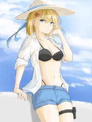 Rule 34 | 1girl, absurdres, acr (girls&#039; frontline), alternate costume, bikini, bikini top only, black bikini, blonde hair, blue eyes, blue ribbon, blue shorts, blue sky, breasts, cleavage, closed mouth, collarbone, denim, denim shorts, feet out of frame, girls&#039; frontline, hair ornament, hairclip, hand in own hair, hat, hat ribbon, highres, looking at viewer, medium breasts, medium hair, mole, mole under eye, navel, open clothes, open shirt, ribbon, shirt, shorts, simple background, sky, sleeves rolled up, solo, ssvtt1v3erngwyw, standing, sun hat, swimsuit, white hat, white shirt