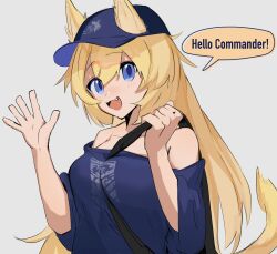 Rule 34 | 1girl, :d, animal ears, bare shoulders, between breasts, blonde hair, blue eyes, blue shirt, blush, breasts, chesed (uporyz), commentary, dog ears, dog tail, english text, eyes visible through hair, fang, girls&#039; frontline, grey background, hair between eyes, hat, highres, long hair, looking at viewer, m500 (daydreaming in class) (girls&#039; frontline), m500 (girls&#039; frontline), medium breasts, open mouth, shirt, simple background, smile, solo, speech bubble, tail, upper body, waving