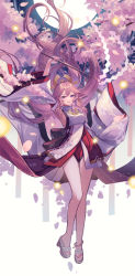 Rule 34 | 1girl, absurdres, animal ears, arm up, armpits, back bow, bow, cherry blossoms, commentary request, detached sleeves, earrings, falling petals, floppy ears, fox ears, full body, genshin impact, gohei, highres, holding, holding gohei, jewelry, legs, long hair, looking at viewer, moon, open mouth, ougi (u to4410), petals, pink hair, purple eyes, red skirt, sandals, shirt, skirt, sleeveless, sleeveless shirt, smile, solo, tassel, very long hair, white sleeves, wide sleeves, yae miko