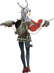 Rule 34 | 10s, 1girl, antlers, braid, cape, from behind, fujikawa, full body, hair ornament, hairband, hat, horns, kantai collection, long hair, looking back, machinery, official art, open mouth, pantyhose, plaid, plaid skirt, pleated skirt, santa costume, santa hat, school uniform, shoes, skirt, smile, solo, thighhighs, transparent background, turret, yamagumo (kancolle)