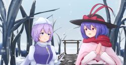 Rule 34 | 2girls, :d, bare tree, black headwear, blue eyes, bow, breasts, capelet, closed mouth, hat, hat bow, hatoman (ytef4434), highres, large breasts, letty whiterock, long sleeves, looking at another, looking at viewer, multiple girls, nagae iku, open mouth, outdoors, own hands together, pink capelet, polearm, purple eyes, red bow, red eyes, red scarf, scarf, smile, snow, snowing, torii, touhou, tree, trident, upper body, weapon, white headwear, white scarf