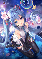 Rule 34 | 1girl, :d, absurdres, bare shoulders, black footwear, black skirt, black sleeves, blue necktie, blush, boots, breasts, cloud, collared shirt, detached sleeves, flower, from above, grey shirt, hair flower, hair ornament, hatsune miku, headset, highres, large breasts, long hair, long sleeves, looking at viewer, looking up, medium breasts, miniskirt, necktie, open mouth, pink flower, pleated skirt, reflection, shanguier, shirt, sitting, skirt, sky, sleeves past wrists, smile, solo, star (sky), starry sky, thigh boots, thighhighs, twintails, twitter username, very long hair, vocaloid, wariza, water