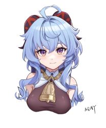 Rule 34 | 1girl, ahoge, bell, black bodysuit, blue hair, blush, bodysuit, chinese commentary, closed mouth, commentary, cowbell, cropped torso, detached collar, eyelashes, ganyu (genshin impact), genshin impact, goat horns, hair between eyes, hair intakes, highres, horns, light blue hair, long hair, looking at viewer, nan jiu (4517121392), neck bell, purple eyes, sidelocks, signature, simple background, smile, solo, upper body, white background