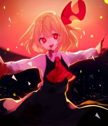 Rule 34 | 1girl, ascot, backlighting, bad id, bad twitter id, blonde hair, blood, daimaou ruaeru, hair ribbon, highres, jpeg artifacts, long sleeves, open mouth, outstretched arms, red eyes, ribbon, rumia, shirt, short hair, skirt, skirt set, smile, solo, touhou, upper body, vest