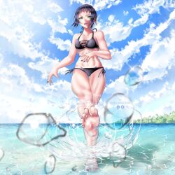 Rule 34 | 1girl, alternate costume, bare shoulders, barefoot, beach, bikini, black bikini, black nails, blue sky, blurry, blurry foreground, breasts, cloud, cloudy sky, collarbone, commentary, day, english commentary, eyelashes, feet, foreshortening, full body, green eyes, highres, legs, lens flare, looking at viewer, marie (persona 4), master sick art, medium breasts, medium hair, nail polish, navel, outdoors, persona, persona 4, persona 4 the golden, shadow, side-tie bikini bottom, sky, soles, solo, spread toes, standing, standing on one leg, swimsuit, thighs, toenail polish, toenails, toes, twitter logo, twitter username, water