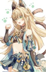 Rule 34 | 1girl, :d, ahoge, animal ears, bare shoulders, black choker, black shirt, blonde hair, blue skirt, cat ears, cat tail, choker, commentary request, cowboy shot, crop top, detached sleeves, fake animal ears, fuyu (xiaodongd2333), genshin impact, green eyes, half updo, hand up, highres, kirara (genshin impact), long hair, long sleeves, looking at viewer, midriff, miniskirt, multiple tails, navel, open mouth, paw print, pleated skirt, shirt, simple background, skirt, smile, solo, standing, stomach, tail, two tails, very long hair, white background