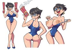 Rule 34 | 1girl, ass, back, bayonetta, bayonetta (series), bayonetta 2, black-framed eyewear, black hair, blue eyes, blue sky, breasts, closed mouth, earrings, female focus, from behind, glasses, gun, hand on own hip, highleg, highleg swimsuit, huge ass, jewelry, large areolae, large breasts, looking at viewer, looking back, makeup, mole, mole under mouth, neck, nipples, one-piece swimsuit, open mouth, sega, short hair, simple background, sky, smile, solo, standing, stealth brock, swimsuit, weapon
