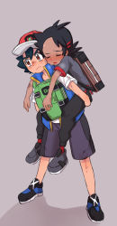 Rule 34 | 2boys, absurdres, ash ketchum, baseball cap, black hair, black pants, blue shorts, blue vest, brown bag, brown eyes, bruise, carrying, carrying over shoulder, carrying person, creatures (company), dark-skinned male, dark skin, closed eyes, fainted, game freak, goh (pokemon), green bag, grey background, grey shirt, hair ornament, hairclip, hat, highres, hurt, injury, male focus, multiple boys, nico o0, nintendo, pants, pokemon, pokemon (anime), pokemon journeys, shirt, shoes, shorts, simple background, sneakers, spiked hair, sweat, nervous sweating, vest, white shirt, worried