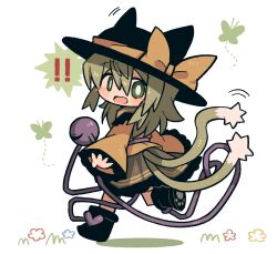 Rule 34 | !, !!, 1girl, animal ears, animal hat, black footwear, black hat, blush, boots, bright pupils, bug, butterfly, cat ears, cat girl, cat hat, cat tail, clothing cutout, collared shirt, flower, frilled shirt, frilled shirt collar, frilled skirt, frilled sleeves, frills, full body, grass, green butterfly, green eyes, green hair, green skirt, green tail, hair between eyes, hat, hat ribbon, hat with ears, insect, jaggy lines, kemonomimi mode, komeiji koishi, long hair, long shirt, motion lines, multiple tails, no sclera, open mouth, paw print, paw print soles, ribbon, shirt, simple background, skirt, smile, solo, speech bubble, tail, tail through clothes, third eye, tongue, touhou, two tails, white background, white pupils, white tail, wide sleeves, yellow ribbon, yellow shirt, zunusama