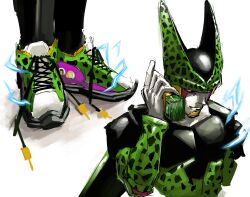 1boy absurdres android_17 android_18 banknote cell_(dragon_ball) closed_mouth commentary dragon_ball dragonball_z drip_(meme) energy green_footwear grey_eyes hand_up highres holding holding_money horns male_focus malsocio money multiple_views perfect_cell shoelaces shoes sideways_glance smile sneakers standing