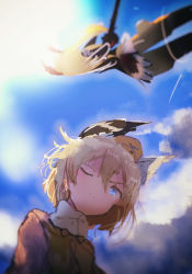 Rule 34 | 2girls, blonde hair, blue eyes, blurry, cloud, contrail, flying, from below, frown, garrison cap, hanna-justina marseille, hat, head wings, highres, kabuyama kaigi, lens flare, long hair, military, military uniform, multiple girls, one eye closed, raisa pottgen, scarf, short hair, sketch, sky, strike witches, striker unit, sun, uniform, wings, witches of africa, world witches series