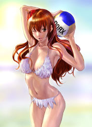 Rule 34 | 1girl, armpits, ball, bent arms, bikini, breasts, brown eyes, brown hair, cleavage, dead or alive, flower, hair flower, hair ornament, kasumi (doa), large breasts, lipstick, long hair, makeup, navel, nekoi mie, one eye closed, solo, swimsuit, tecmo, volleyball, volleyball (object), white bikini, wink