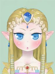 Rule 34 | 1girl, armor, bangs pinned back, blonde hair, blue eyes, blush, commentary request, earrings, ebimomo, green background, jewelry, long hair, looking at viewer, nintendo, parted lips, pointy ears, portrait, princess zelda, shoulder armor, sidelocks, simple background, solo, pauldrons, the legend of zelda, the legend of zelda: twilight princess, tiara