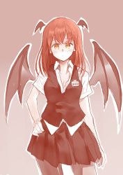 Rule 34 | 1girl, :/, bat wings, blush, breasts, cleavage, closed mouth, collared shirt, contrapposto, demon wings, dress shirt, hand on own hip, head wings, koakuma, looking at viewer, miniskirt, name tag, open clothes, outline, pantyhose, red hair, sawaya (mizukazu), shirt, skirt, skirt set, solo, standing, touhou, vest, white shirt, wings, yellow eyes