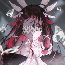 Rule 34 | 1girl, bandages, bare shoulders, black hair, blood, coat, collarbone, columbina (genshin impact), commentary, eye mask, fur-trimmed coat, fur trim, genshin impact, hands up, head wings, highres, idasu (hyun9164), long hair, multicolored hair, nosebleed, own hands clasped, own hands together, pink hair, smile, streaked hair, two-tone hair, white mask, wing hair ornament, wings