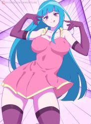 Rule 34 | 1girl, blue hair, blunt bangs, blush, covered erect nipples, dancing, dress, elbow gloves, gloves, highres, long hair, looking at viewer, mandytsune, me!me!me!, me!me!me! dance (meme), meme, meme (me!me!me!), pink dress, purple eyes, purple gloves, short dress, solo, thighhighs, tongue, tongue out