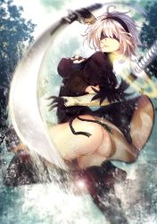 Rule 34 | 1girl, absurdres, ass, black dress, blindfold, boots, breasts, closed mouth, commentary request, day, dress, feather trim, from side, gloves, hairband, highres, holding, holding sword, holding weapon, katana, lips, medium breasts, mole, mole under mouth, nier:automata, nier (series), outdoors, puffy sleeves, short hair, simple background, solo, sword, thigh boots, thighhighs, thighs, turtleneck, weapon, 2b (nier:automata), yuki hikari