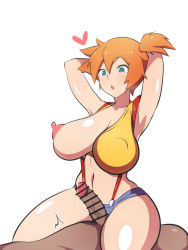 Rule 34 | 1girl, asymmetrical hair, bare arms, blue eyes, blush, breast slip, breasts, censored, creatures (company), dd (giogio99), denim, denim shorts, eyelashes, game freak, gym leader, hair tie, highres, large breasts, legs, misty (pokemon), nintendo, nipples, one breast out, orange hair, pokemon, pokemon (anime), pokemon (classic anime), ponytail, puffy areolae, riding, sex, shirt, short hair, short shorts, shorts, side ponytail, suspenders, tank top, yellow shirt, yellow tank top