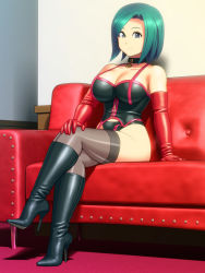 Rule 34 | 1girl, bare shoulders, boots, breasts, choker, cleavage, collar, corset, dominatrix, enkaboots, gloves, green hair, high heel boots, high heels, knee boots, large breasts, leather, shoes, short hair, solo, thighhighs