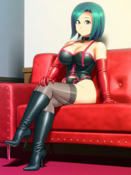 1girl bare_shoulders boots breasts choker cleavage collar corset dominatrix enkaboots female_focus gloves green_hair high_heel_boots high_heels knee_boots large_breasts leather shoes short_hair solo thighhighs