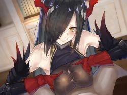 Rule 34 | 1boy, 1girl, azur lane, bad id, bad pixiv id, bare shoulders, black hair, blush, breasts, breasts squeezed together, closed mouth, clothed female nude male, commentary request, cum, cum on clothes, friedrich der grosse (azur lane), gloves, hair over one eye, highres, horns, indoors, large breasts, long hair, looking at viewer, nude, paizuri, paizuri under clothes, pov, red gloves, red horns, smile, solo focus, suujiniku, sweat, very long hair, yellow eyes