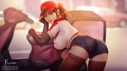 Rule 34 | 1girl, adapted costume, artist name, ass, baseball cap, bent over, blurry, breasts, brown hair, denim, denim shorts, depth of field, elbow gloves, employee uniform, fingerless gloves, firolian, gloves, hat, highres, large breasts, league of legends, lips, looking at viewer, motor vehicle, pizza delivery sivir, ponytail, scooter, short shorts, short sleeves, shorts, sivir, smile, thighhighs, uniform, watermark
