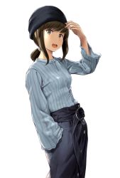 Rule 34 | 1girl, alternate costume, aqua eyes, arm up, beanie, black hat, blue shirt, blush, breasts, buttons, cowboy shot, denim, from side, fubuki (kancolle), hair tie, hand in pocket, hat, highres, kantai collection, long hair, long sleeves, looking at viewer, looking to the side, low ponytail, o-ring, shirt, shirt tucked in, sidelocks, simple background, small breasts, solo, standing, striped clothes, striped shirt, vertical-striped clothes, vertical-striped shirt, wa (genryusui), white background