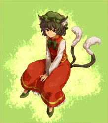 Rule 34 | 1girl, animal ears, cat ears, cat girl, cat tail, chen, female focus, fingernails, from above, hat, long fingernails, multiple tails, nail, nail polish, red nails, shibasaki shouji, sitting, solo, tail, touhou, v arms