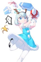 Rule 34 | 1girl, absurdres, antlers, arona (blue archive), banana peel, bare shoulders, blue archive, blue eyes, blue hair, box, christmas, commentary request, dress, full body, fur trim, gasekun, gift, gift box, halo, highres, holding, holding gift, horns, leg up, looking at viewer, pantyhose, reindeer antlers, santa costume, shoes, short hair, sleeveless, solo, white pantyhose