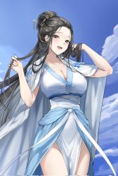 Rule 34 | 1girl, black hair, blue sky, blush, breasts, brown eyes, cape, chinese clothes, cleavage, corrupted twitter file, cowboy shot, forehead, hair bun, hand in own hair, hands up, highres, holding, holding own hair, large breasts, lillly, long hair, looking at viewer, original, parted lips, pelvic curtain, sash, short sleeves, single hair bun, sky, smile, solo, teeth, thighs, upper teeth only, very long hair, white cape, white sash