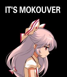 Rule 34 | 1girl, black background, bow, closed mouth, commentary, english commentary, english text, from side, fujiwara no mokou, hair bow, it&#039;s joever (meme), it&#039;s over (meme), jokanhiyou, long hair, looking down, meme, puffy short sleeves, puffy sleeves, red eyes, red suspenders, shirt, short sleeves, simple background, solo, suspenders, touhou, upper body, white shirt