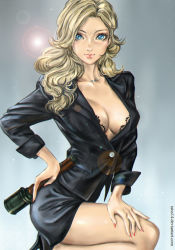Rule 34 | 1girl, becchi (runark), black footwear, black jacket, black skirt, blonde hair, blue eyes, bra, breasts, cleavage, closed mouth, commentary, commission, commissioner upload, earrings, explosive, formal, gradient background, high heels, highres, jacket, jewelry, lens flare, lipstick, long hair, looking at viewer, makeup, medium breasts, miniskirt, nail polish, necklace, pencil skirt, red nails, runark, simple background, skirt, solo, suit, tatti art, underwear, weapon