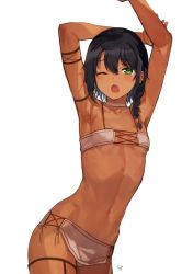 Rule 34 | 1girl, ;o, absurdres, arched back, armpits, arms up, bare arms, bare shoulders, black hair, braid, collarbone, cowboy shot, dark-skinned female, dark skin, ear piercing, fang, green eyes, hair between eyes, highres, konbu wakame, long hair, looking at viewer, navel, one eye closed, open mouth, original, piercing, sidelocks, simple background, solo, standing, stomach, tears, white background