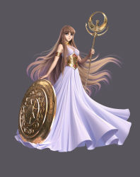 Rule 34 | 1girl, 3d, absurdres, armlet, athena, blue eyes, brown hair, closed mouth, dress, full body, grey background, head tilt, highres, holding, holding staff, long hair, looking away, saint seiya, shield, simple background, sleeveless, sleeveless dress, solo, staff, very long hair, white dress, znz