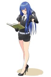 Rule 34 | 1other, androgynous, bare legs, belt, black gloves, black legwear, black necktie, black shorts, blue hair, blush, book, closed eyes, commentary request, elbow gloves, full body, gem uniform (houseki no kuni), gloves, hand in own hair, hand up, high heels, highres, holding, holding book, houseki no kuni, lapis lazuli (houseki no kuni), long hair, matsuda (matsukichi), necktie, puffy short sleeves, puffy sleeves, shirt, short shorts, short sleeves, shorts, simple background, solo, standing, thighs, very long hair, white background, white belt, white shirt