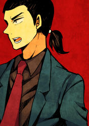 Rule 34 | 1boy, black hair, formal, gin to kin, male focus, morita tetsuo, necktie, open mouth, ponytail, red background, solo, suit, yukiguni (moaism)