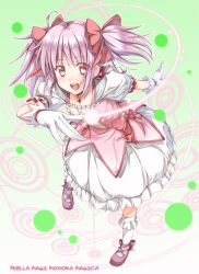 Rule 34 | 10s, 1girl, :d, bobby socks, bow, female focus, full body, gloves, gradient background, hair bow, kaname madoka, looking at viewer, magical girl, mahou shoujo madoka magica, mahou shoujo madoka magica (anime), open mouth, pink hair, shinohara shinome, shoes, smile, socks, solo, twintails