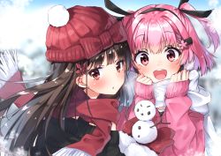 Rule 34 | 2girls, :d, beanie, black hair, black sweater, blue sky, blurry, blurry background, blush, breath, commentary request, day, earmuffs, flower, hair flower, hair intakes, hair ornament, hairband, hairclip, hands up, hat, highres, leaf hair ornament, long hair, long sleeves, looking at viewer, mittens, multiple girls, off-shoulder, off-shoulder sweater, off shoulder, open mouth, original, outdoors, parted lips, pink hair, pink sweater, red eyes, red scarf, scarf, short hair, sidelocks, sky, sleeves past wrists, smile, snowing, snowman, sweater, tareme, teeth, two side up, upper body, upper teeth only, v-shaped eyebrows, white scarf, winter, winter clothes, yaki mayu