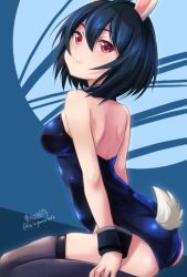 Rule 34 | 1girl, animal ears, artist name, backless outfit, bad id, bad twitter id, black leotard, black thighhighs, blue hair, brave witches, closed mouth, commentary request, fake animal ears, from side, halterneck, haruhata mutsuki, leotard, looking at viewer, looking back, playboy bunny, purple eyes, rabbit ears, rabbit girl, rabbit tail, shimohara sadako, short hair, signature, sitting, skindentation, smile, solo, tail, thighhighs, twitter username, world witches series, wrist cuffs